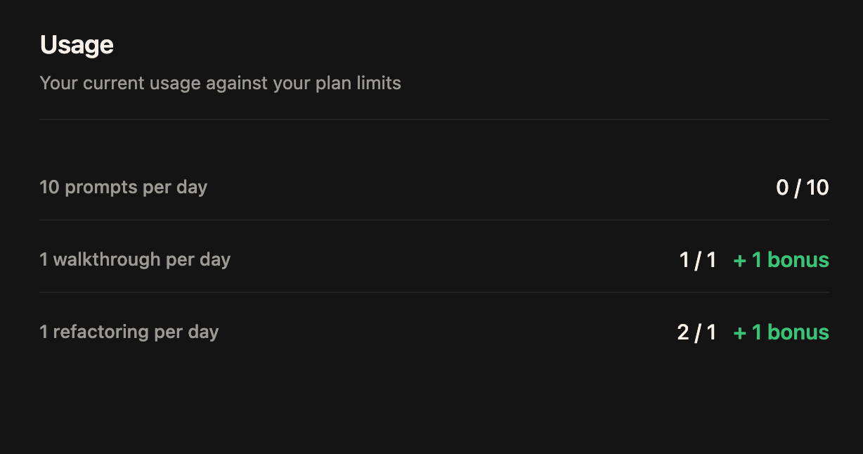 Subscription settings showing daily allowance plus bonus credits