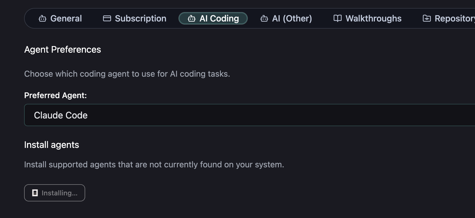 Install agent buttons in settings