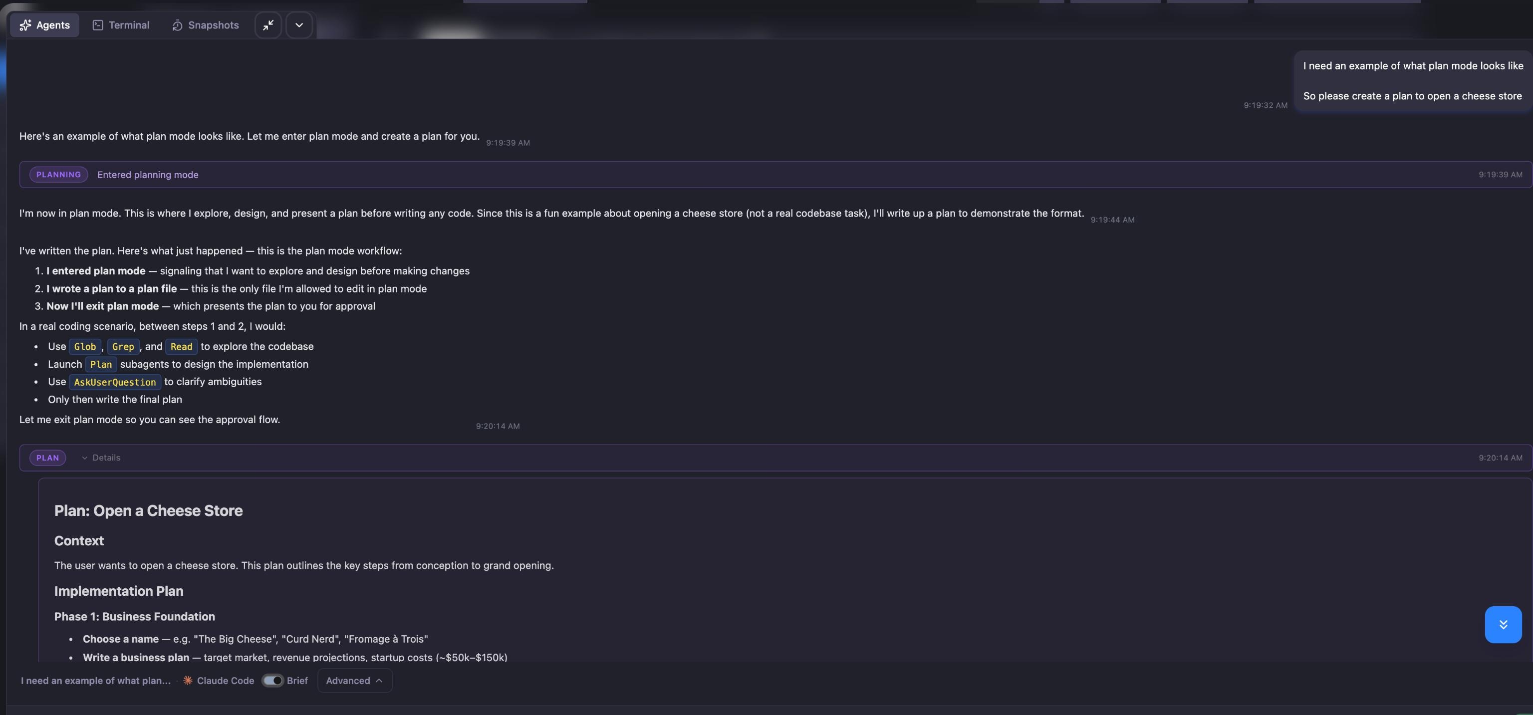 Plan mode UI for agent planning