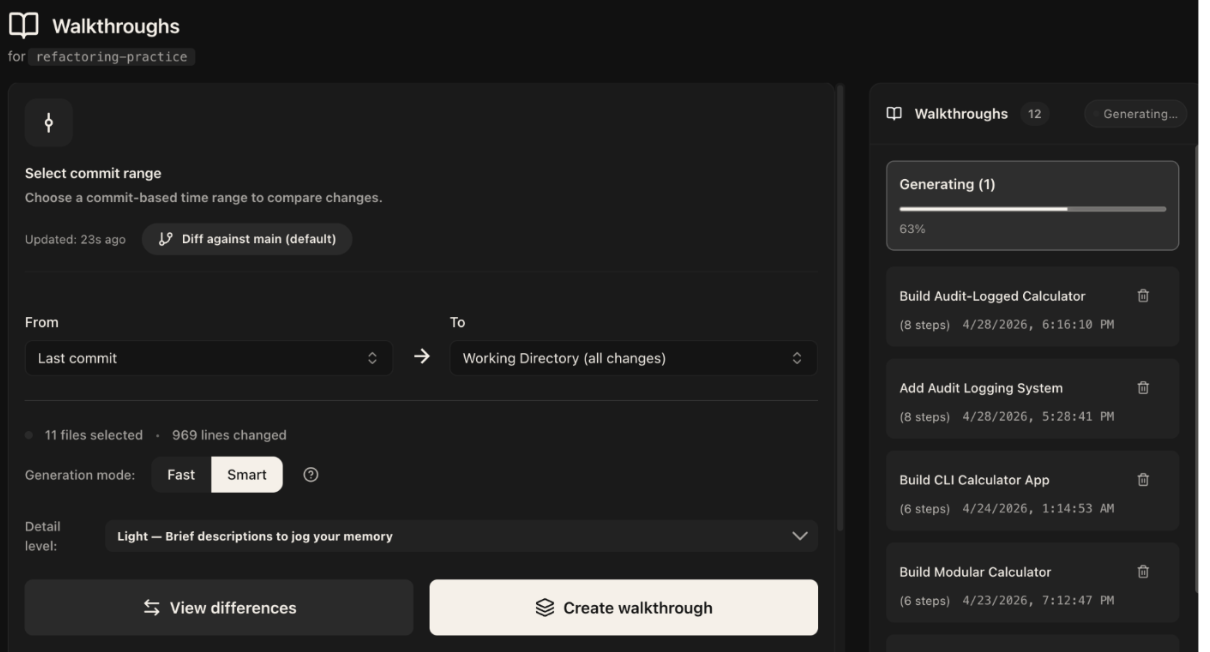 Walkthroughs page with live progress bar