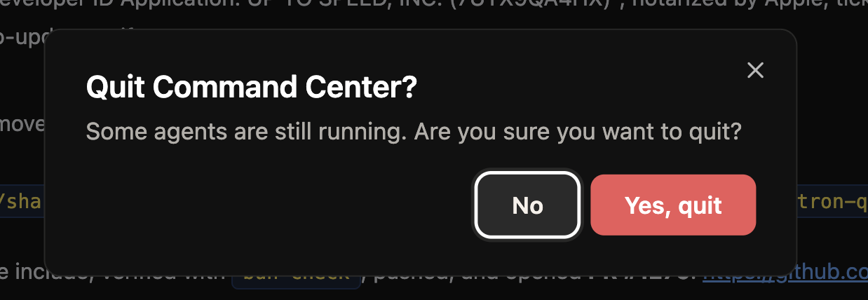 Confirmation dialog warning that agents are still running before quit