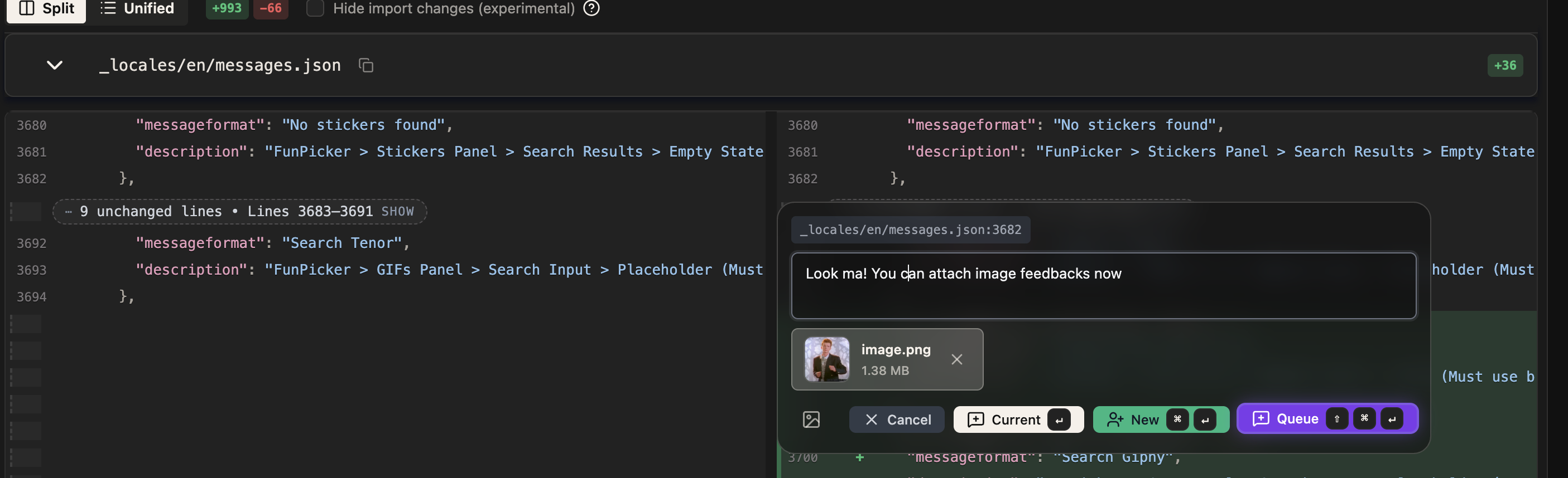 Per-line agent feedback widget with an attached image