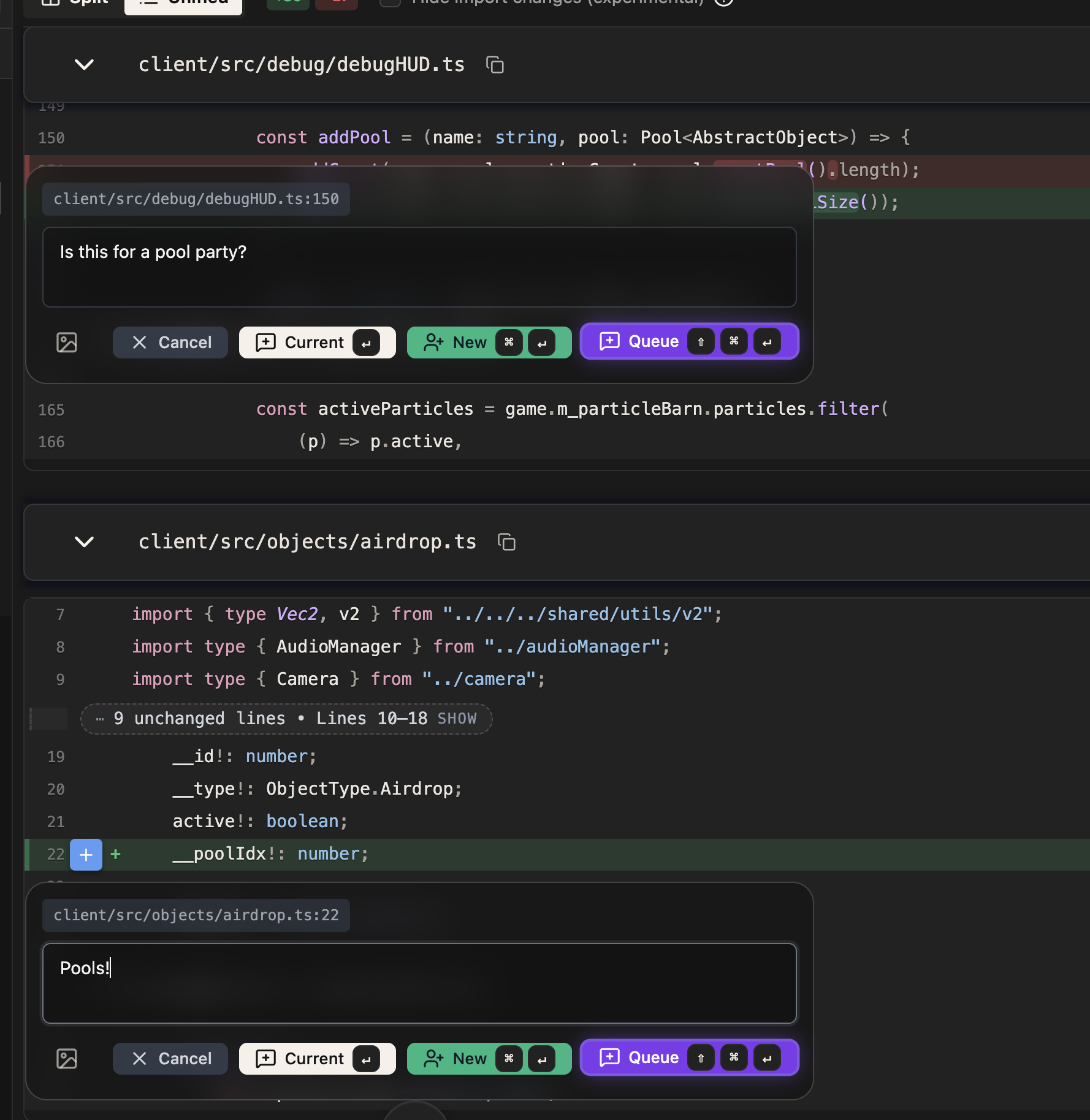 Two inline feedback composers open on different changed lines in the diff viewer