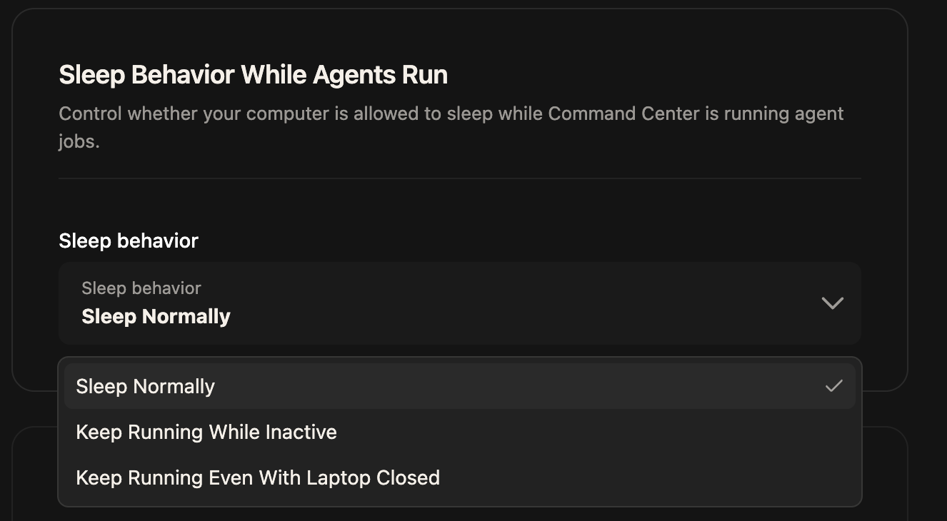 Settings showing three-level sleep / keep-awake behavior