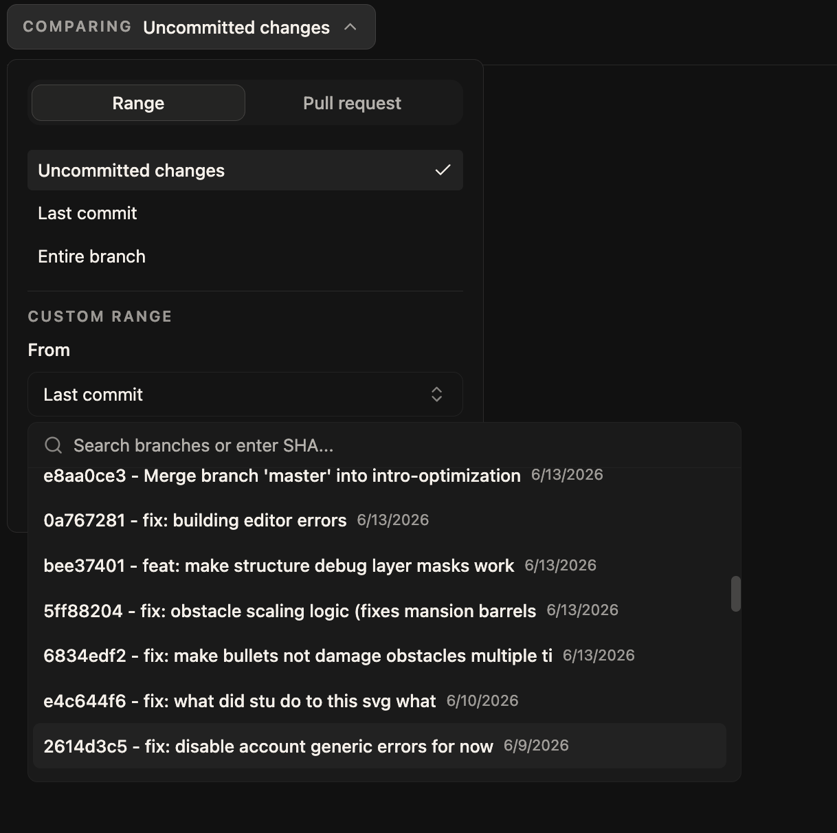 The diff comparison dropdown listing recent commits, each with its commit date shown alongside the message