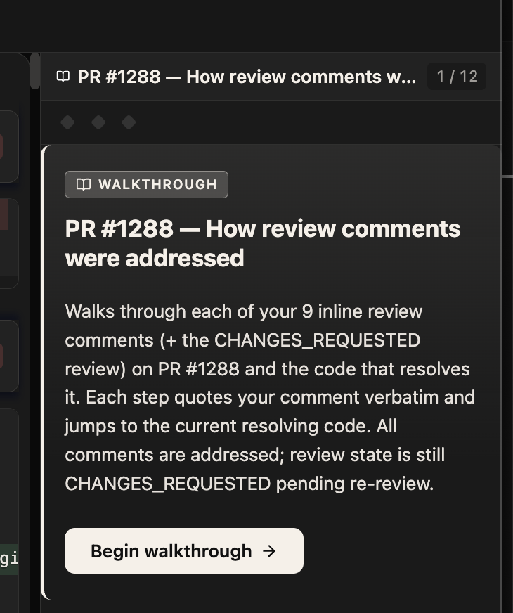 The generated walkthrough titled "PR #1288 — How review comments were addressed", stepping through each inline comment