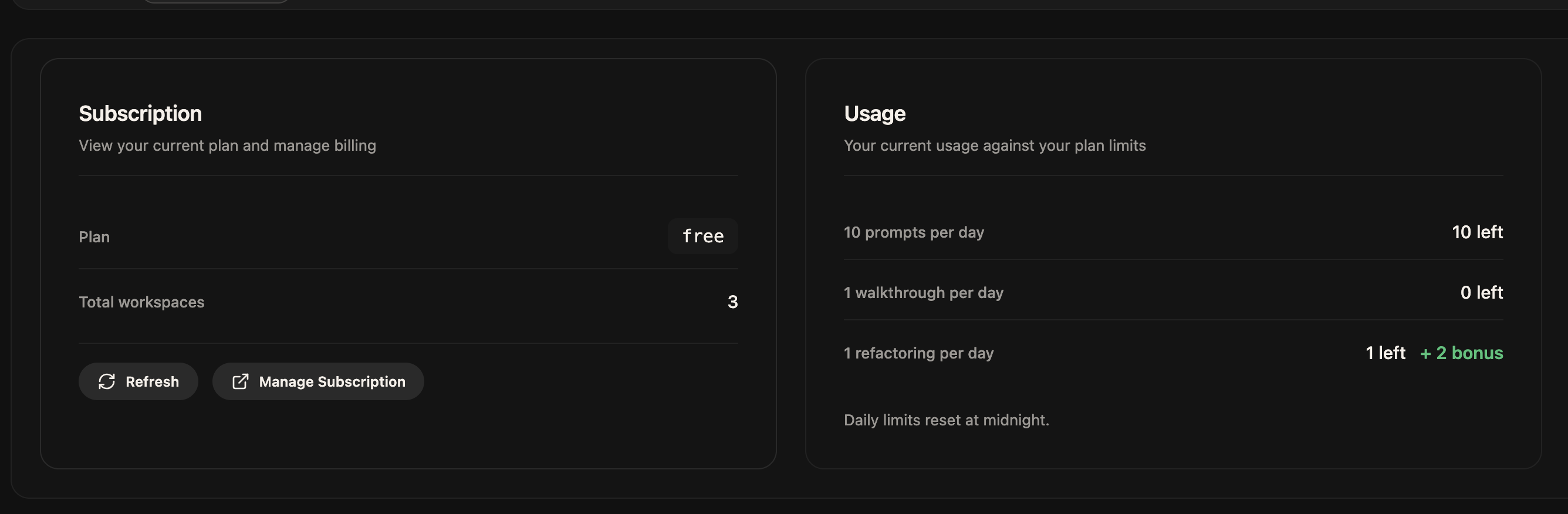 The settings Subscription and Usage panels, with refactoring showing "1 left + 2 bonus" in green