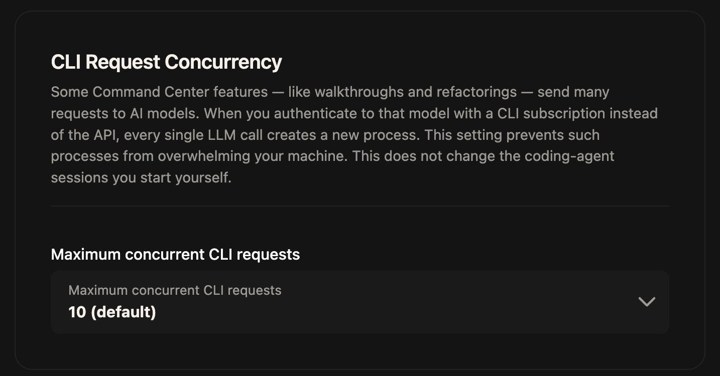 The CLI Request Concurrency settings panel with a "Maximum concurrent CLI requests" dropdown set to "10 (default)"