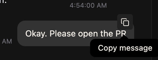 A "Copy message" tooltip on the copy button shown over a user message in agent chat