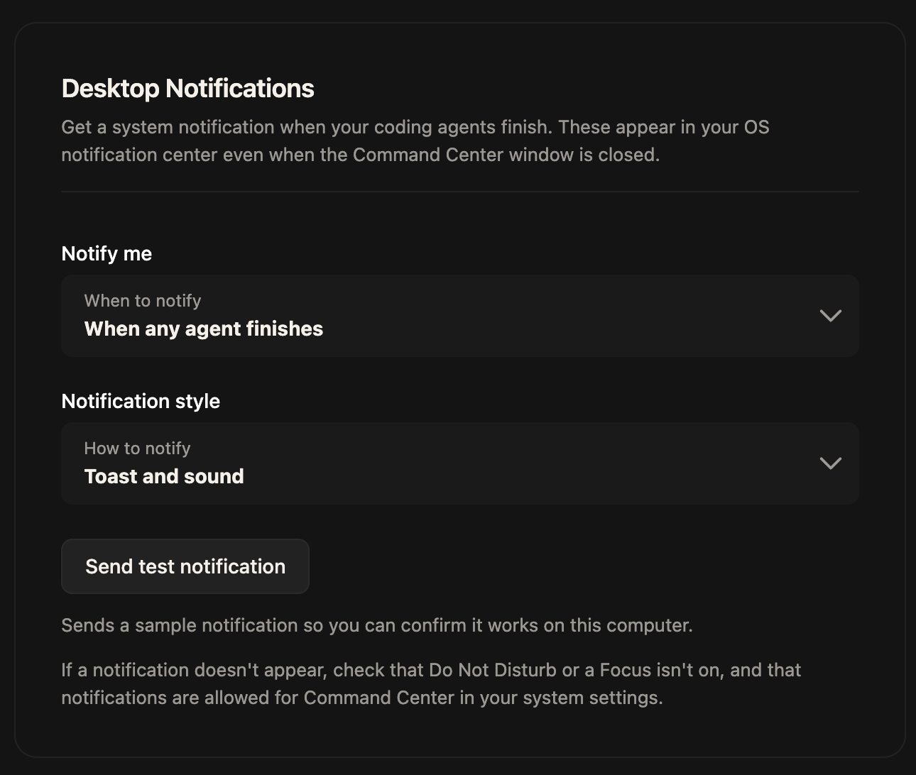 The Desktop Notifications settings panel with "Notify me" set to "When any agent finishes", "Notification style" set to "Toast and sound", and a "Send test notification" button