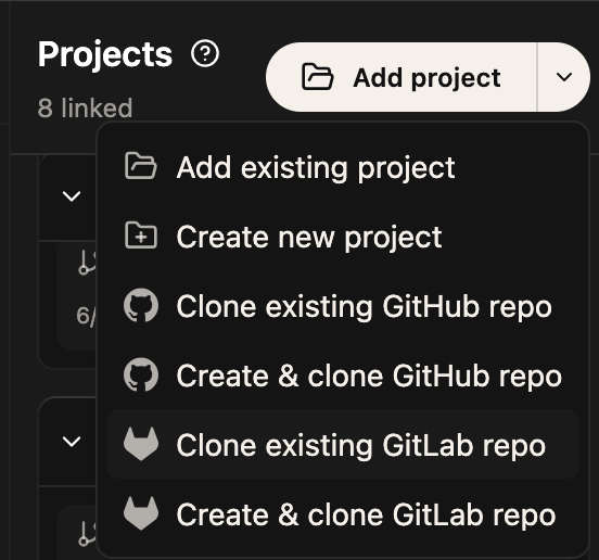 The Add Project menu showing "Clone existing GitLab repo" and "Create & clone GitLab repo" options alongside the GitHub ones