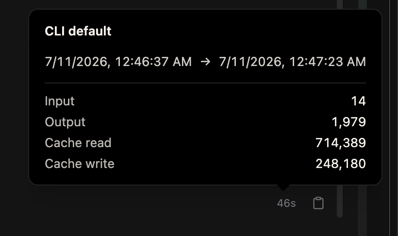 A turn footer tooltip labeled "CLI default" showing the turn's start and end time and Input, Output, Cache read, and Cache write token counts, with a 46s duration