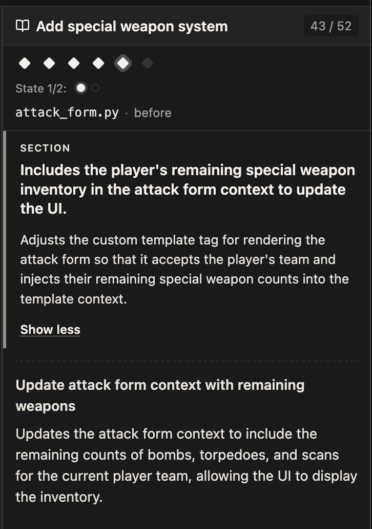 A walkthrough section with an expanded description and a "Show less" toggle, its topic pinned above the current step