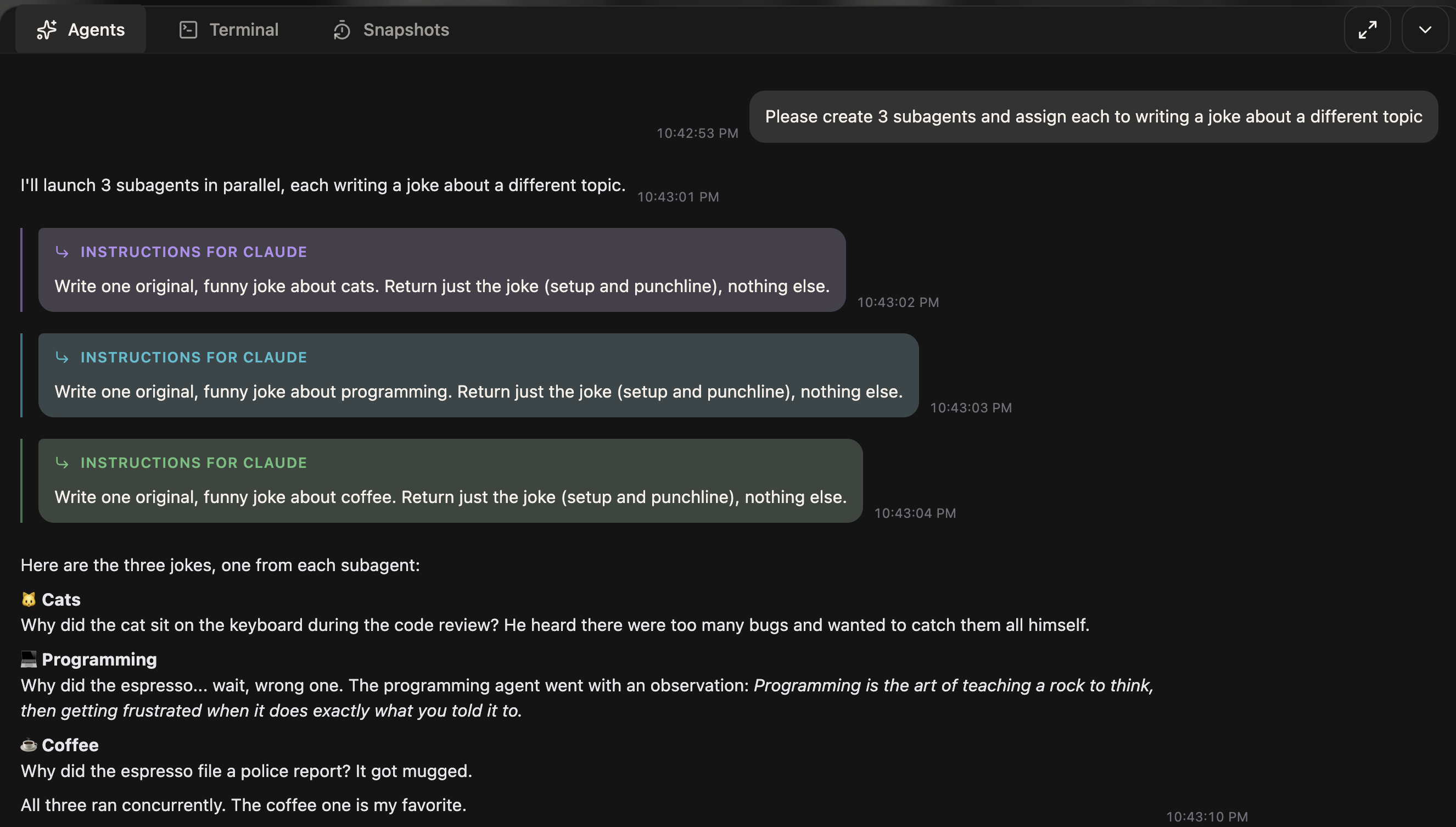 Subagent prompts rendered in indented lanes with per-subagent accent colors and an "Instructions for Claude" badge
