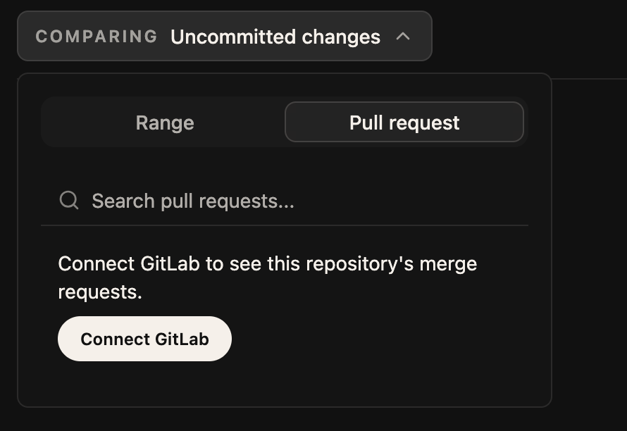 The pull request picker showing "Connect GitLab to see this repository's merge requests" with a Connect GitLab button