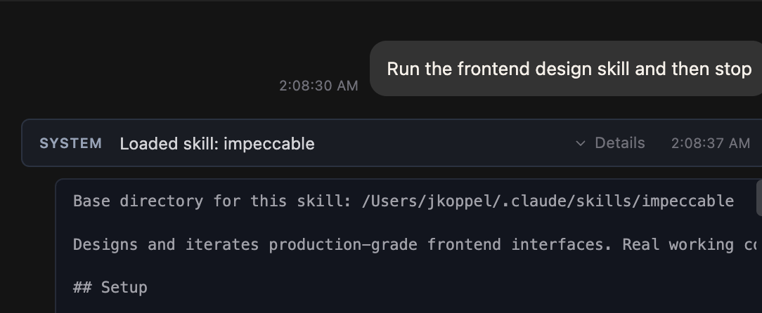 A single collapsed SYSTEM row reading "Loaded skill: impeccable", with the body behind a Details toggle