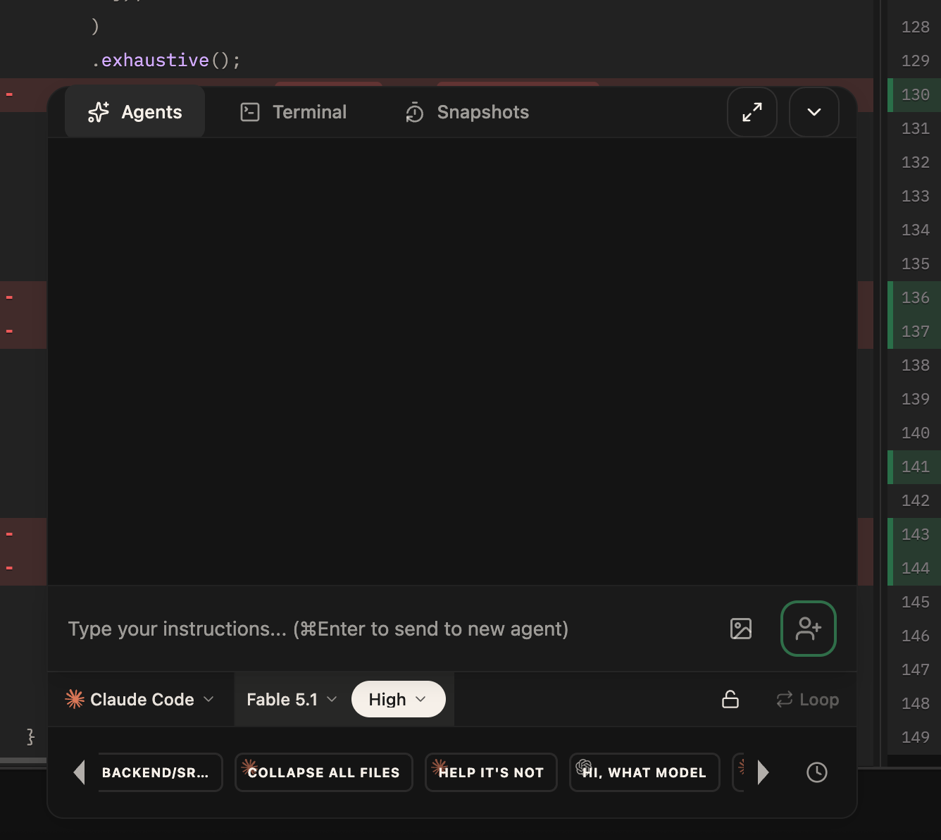 Command Dock with controls for the coding agent, model, reasoning effort, security, and agent loop below the composer
