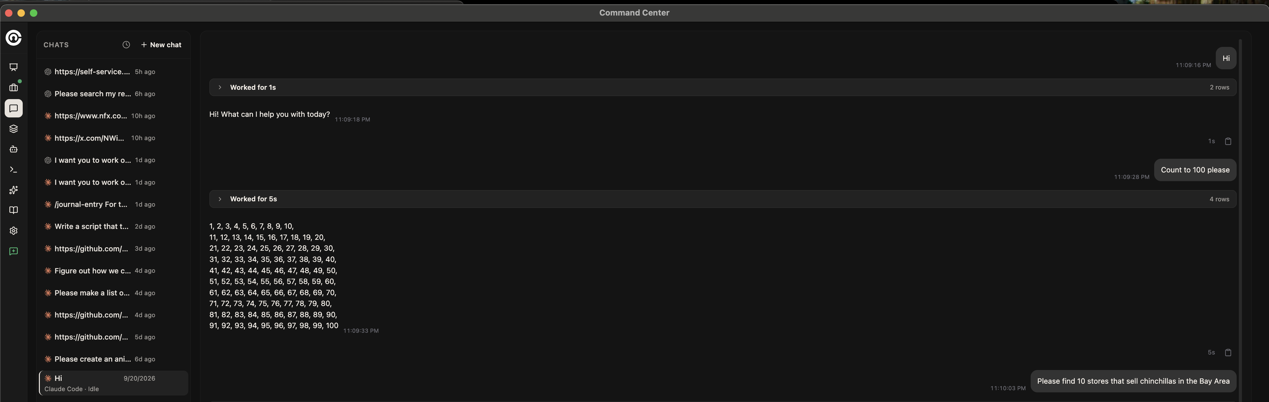Command Center Chat page with saved chats in the sidebar and a standalone Claude Code conversation