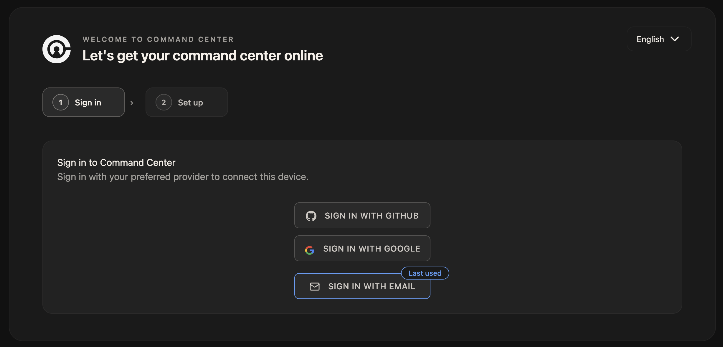 Command Center sign-in screen offering GitHub, Google, and email sign-in