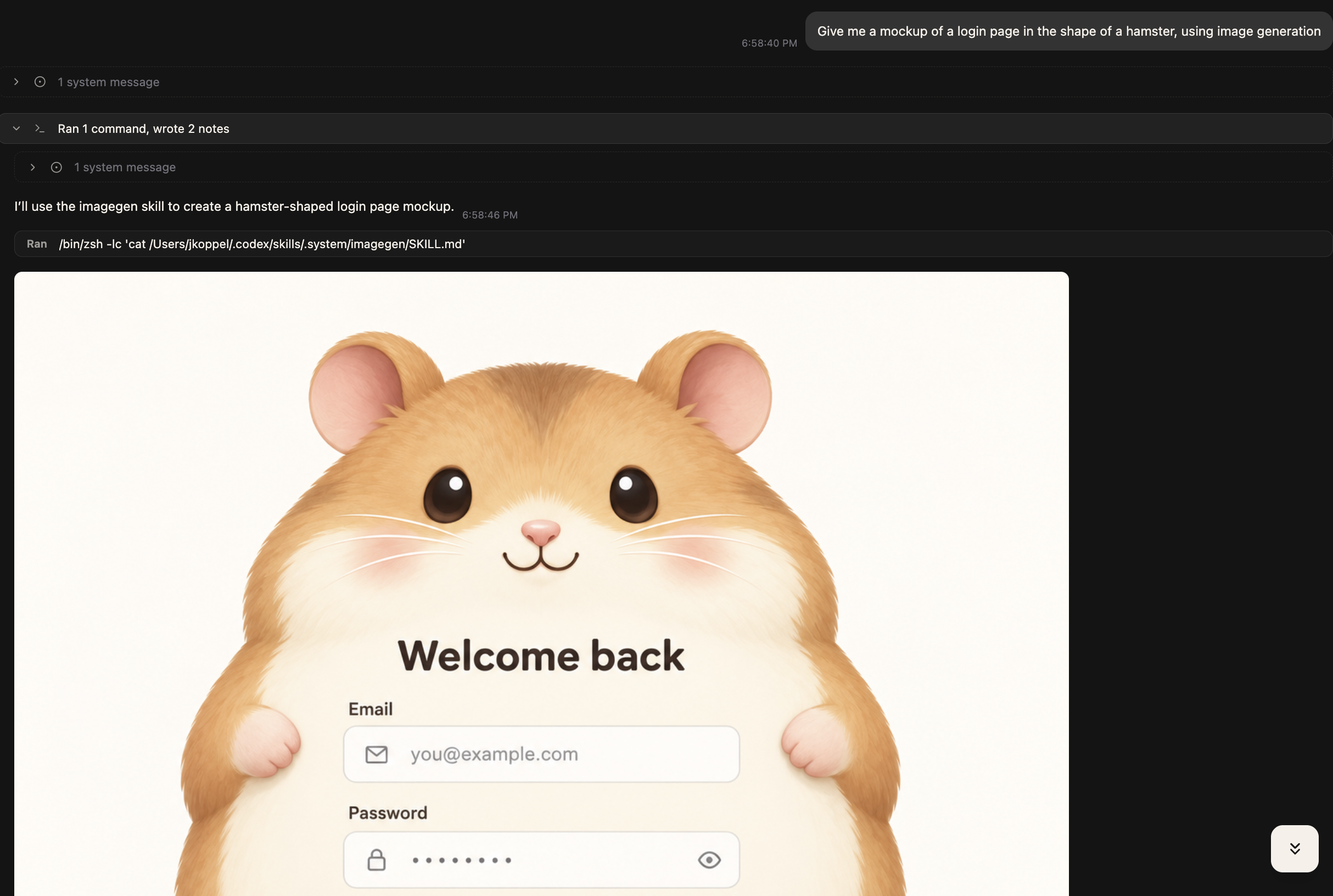 A Codex conversation displaying a generated hamster-shaped login-page mockup inline