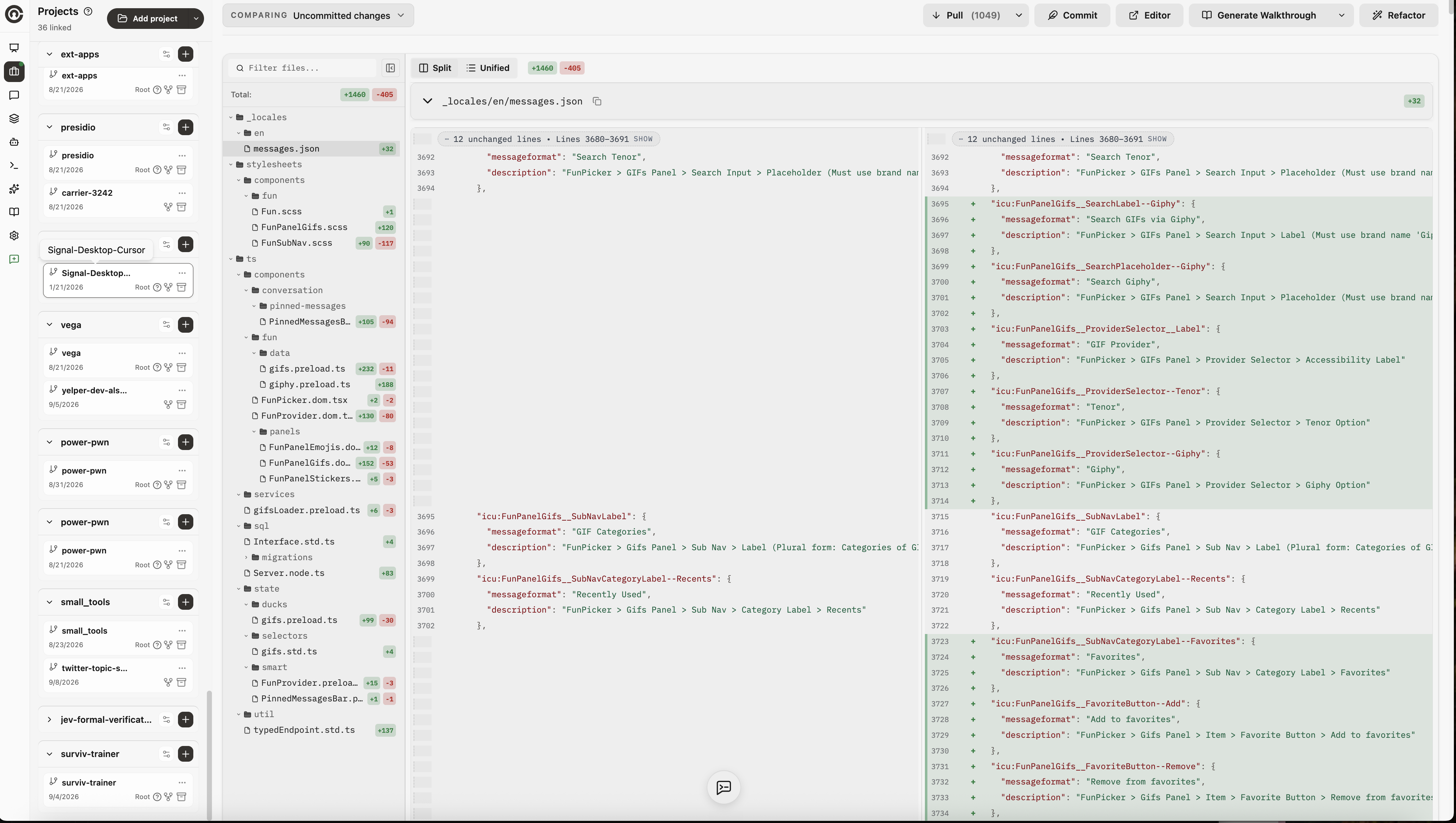 Command Center in light mode, with a project sidebar, file tree, and split diff viewer