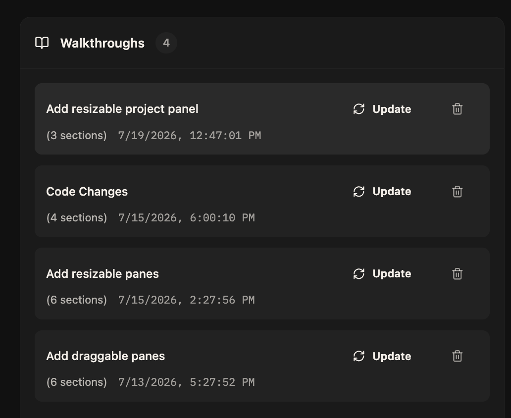 Saved walkthroughs with an Update button beside each walkthrough to update it to the current code